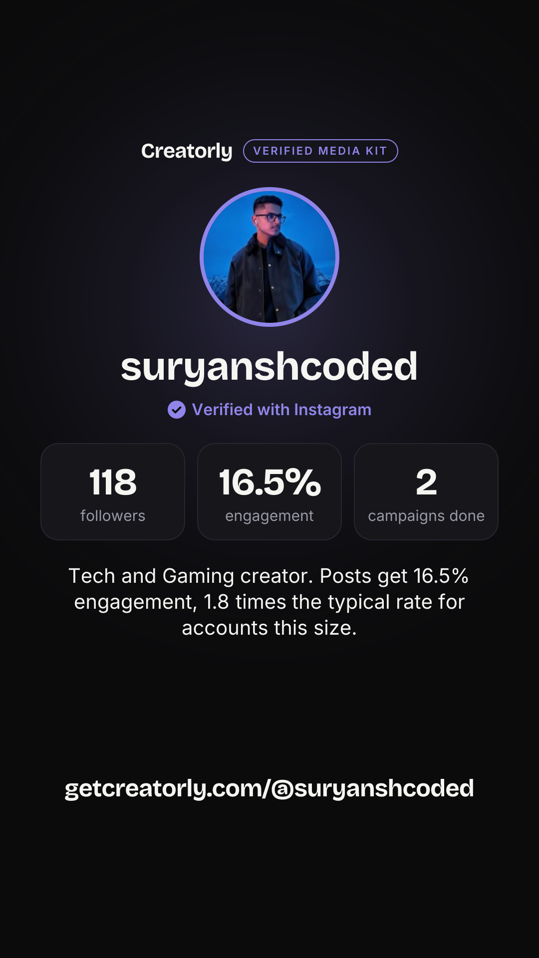Example media kit Story image for @suryanshcoded: followers, engagement rate and campaigns done, marked Verified with Instagram, with the link getcreatorly.com/@suryanshcoded.